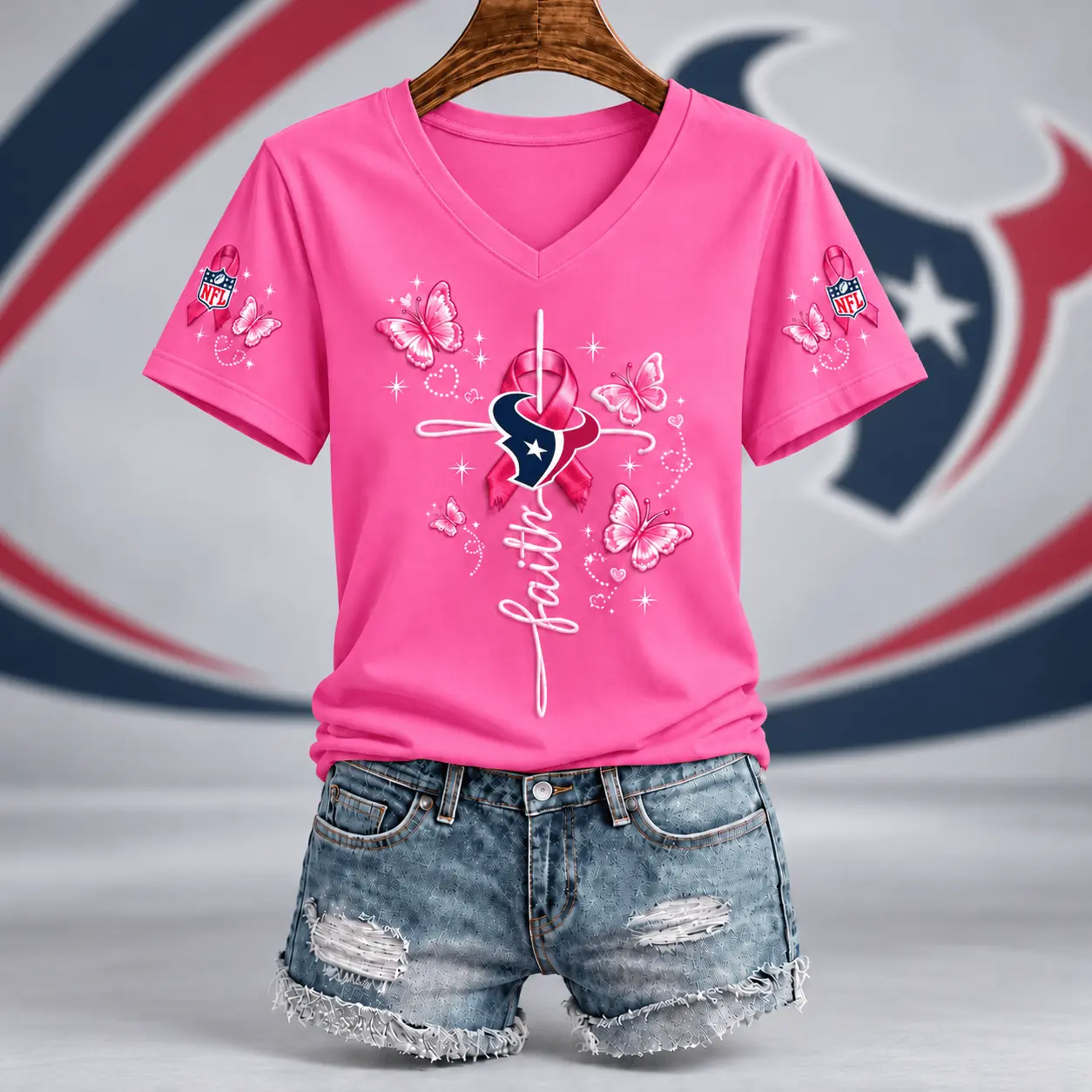 Houston Texans | Premium NFL Faith Hope Love Breast Cancer V-Neck Shirt TD