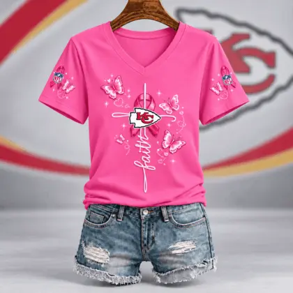 Kansas City Chiefs | Premium NFL Faith Hope Love Breast Cancer V-Neck Shirt TD