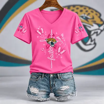 Jacksonville Jaguars | Premium NFL Faith Hope Love Breast Cancer V-Neck Shirt TD