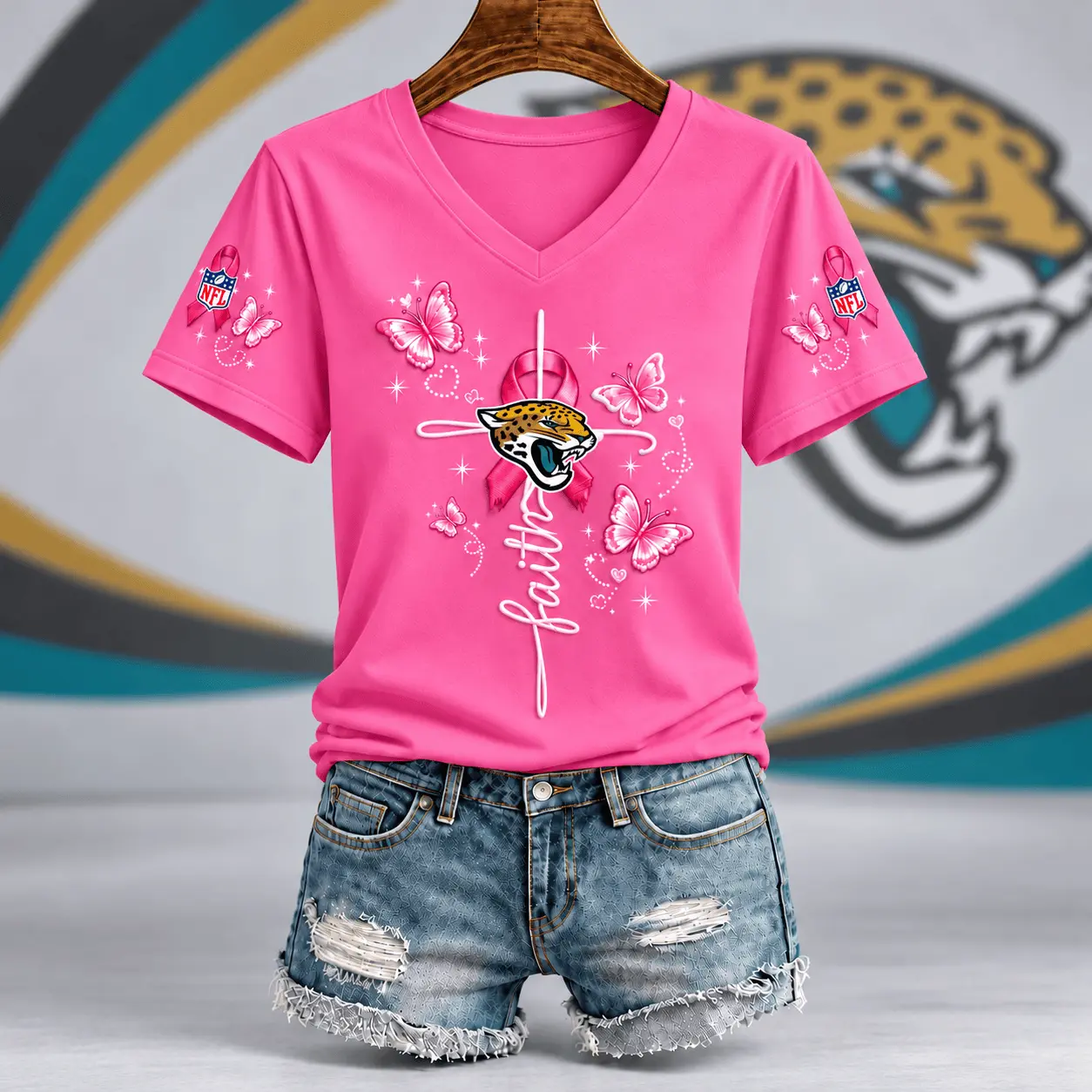 Jacksonville Jaguars | Premium NFL Faith Hope Love Breast Cancer V-Neck Shirt TD