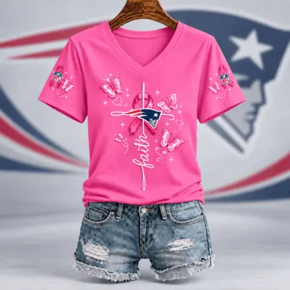 New England Patriots | Premium NFL Faith Hope Love Breast Cancer V-Neck Shirt TD