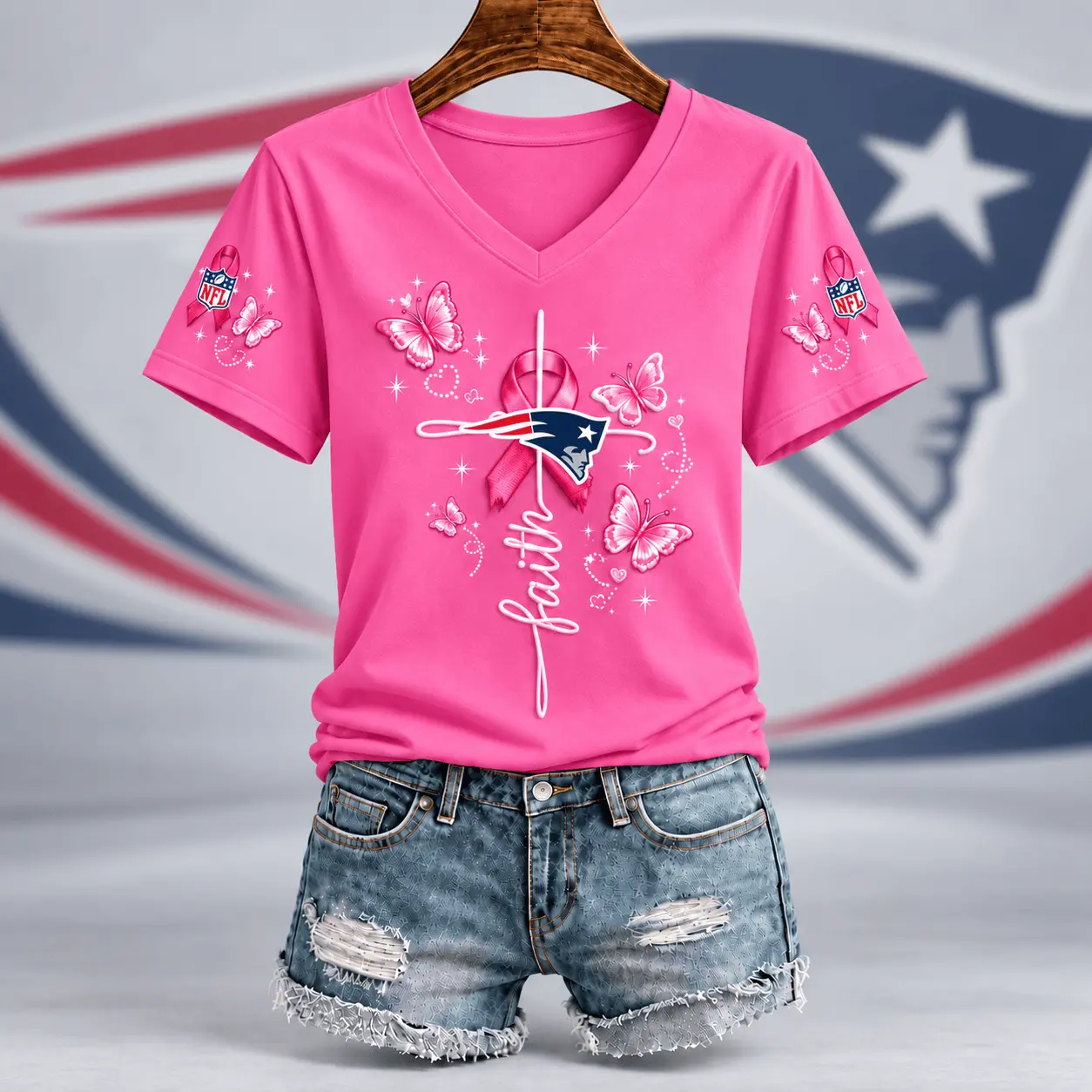New England Patriots | Premium NFL Faith Hope Love Breast Cancer V-Neck Shirt TD