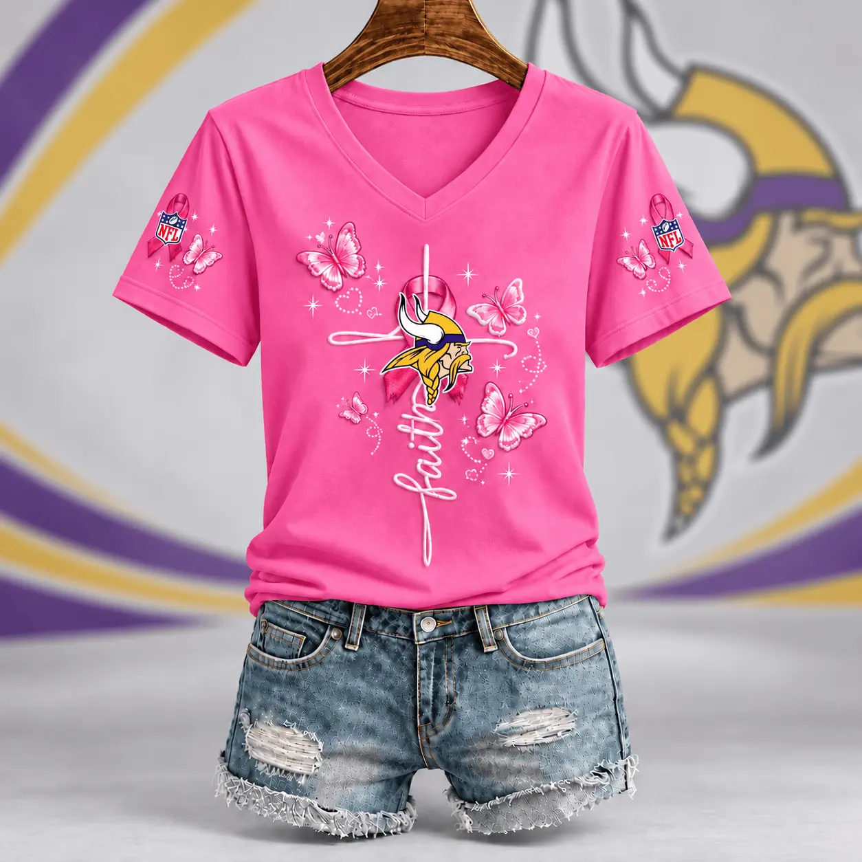 Minnesota Vikings | Premium NFL Faith Hope Love Breast Cancer V-Neck Shirt TD