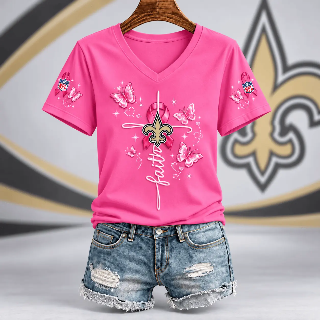 New Orleans Saints | Premium NFL Faith Hope Love Breast Cancer V-Neck Shirt TD