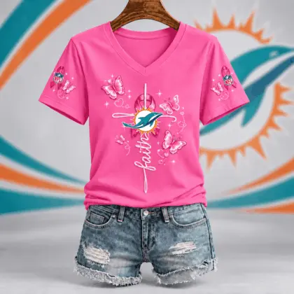 Miami Dolphins | Premium NFL Faith Hope Love Breast Cancer V-Neck Shirt TD