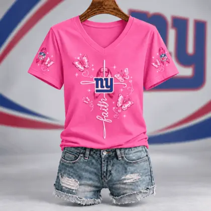 New York Giants | Premium NFL Faith Hope Love Breast Cancer V-Neck Shirt TD