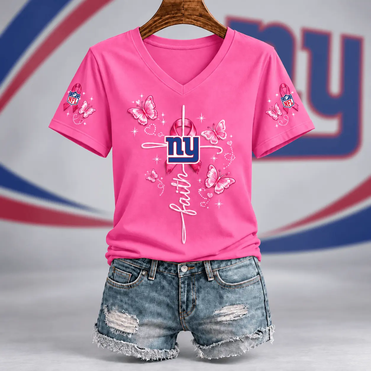 New York Giants | Premium NFL Faith Hope Love Breast Cancer V-Neck Shirt TD