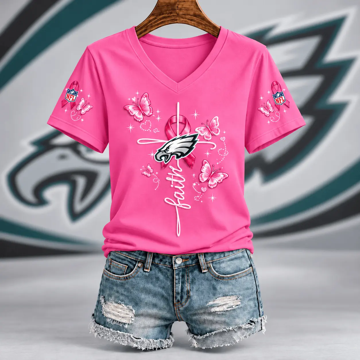 Philadelphia Eagles | Premium NFL Faith Hope Love Breast Cancer V-Neck Shirt TD