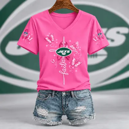 New York Jets | Premium NFL Faith Hope Love Breast Cancer V-Neck Shirt TD