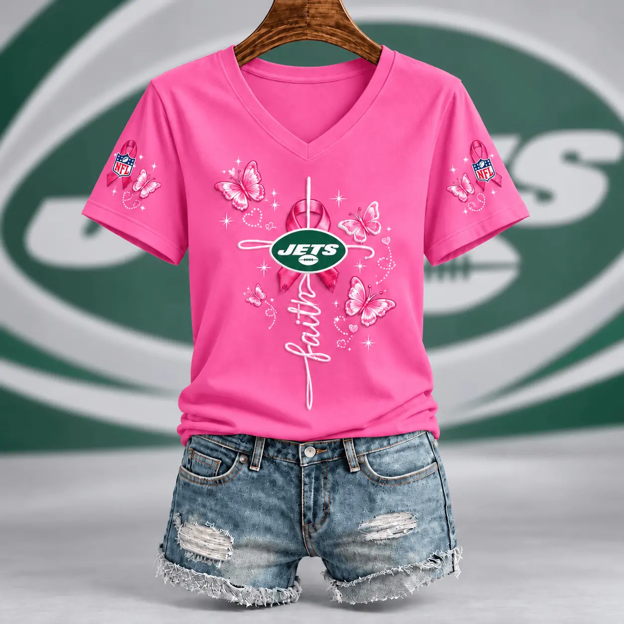 New York Jets | Premium NFL Faith Hope Love Breast Cancer V-Neck Shirt TD