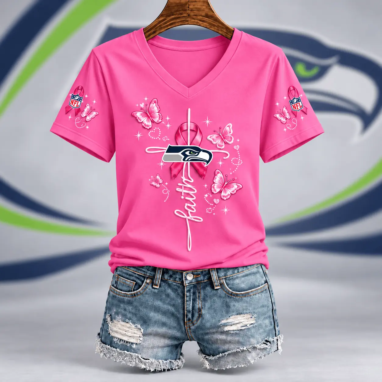 Seattle Seahawks | Premium NFL Faith Hope Love Breast Cancer V-Neck Shirt TD