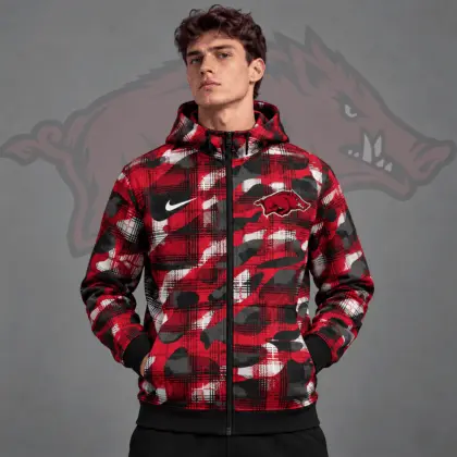 Arkansas Razorbacks | Premium NCAA Tactical Plaid Camo All Over Print Full Zip Hooded Jacket NDN