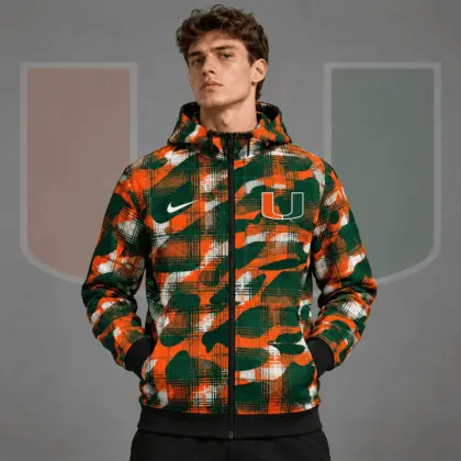 Miami Hurricanes | Premium NCAA Tactical Plaid Camo All Over Print Full Zip Hooded Jacket NDN