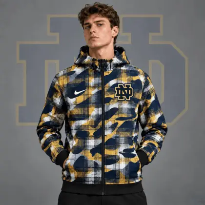 Notre Dame Fighting Irish | Premium NCAA Tactical Plaid Camo All Over Print Full Zip Hooded Jacket NDN