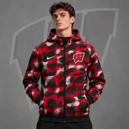 Wisconsin Badgers | Premium NCAA Tactical Plaid Camo All Over Print Full Zip Hooded Jacket NDN