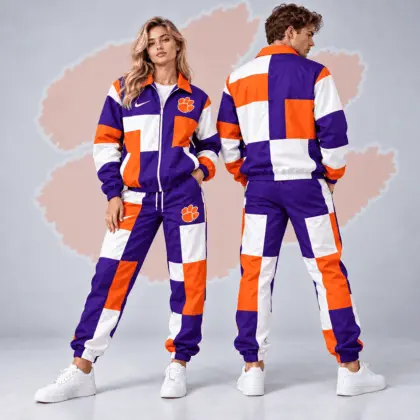 Clemson Tigers | Premium NCAA Retro Varsity Colorblock Full Zip Tracksuit Jacket And Jogger Pants Set NDN