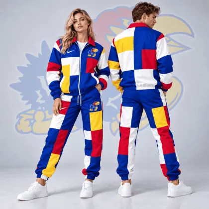 Kansas Jayhawks | Premium NCAA Retro Varsity Colorblock Full Zip Tracksuit Jacket And Jogger Pants Set NDN