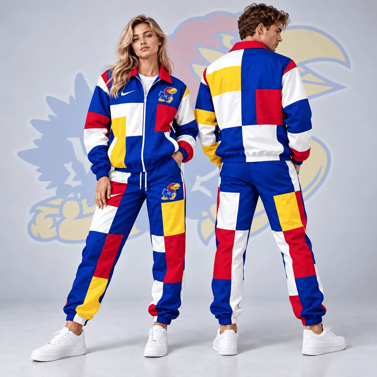 Kansas Jayhawks | Premium NCAA Retro Varsity Colorblock Full Zip Tracksuit Jacket And Jogger Pants Set NDN