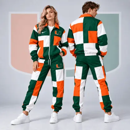 Miami Hurricanes | Premium NCAA Retro Varsity Colorblock Full Zip Tracksuit Jacket And Jogger Pants Set NDN