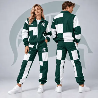 Michigan State Spartans | Premium NCAA Retro Varsity Colorblock Full Zip Tracksuit Jacket And Jogger Pants Set NDN