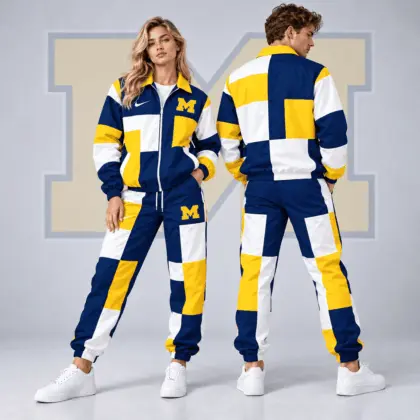 Michigan Wolverines | Premium NCAA Retro Varsity Colorblock Full Zip Tracksuit Jacket And Jogger Pants Set NDN
