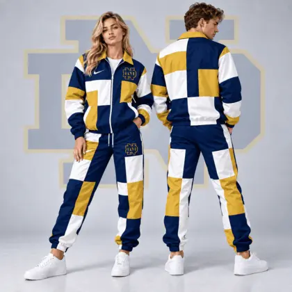 Notre Dame Fighting Irish | Premium NCAA Retro Varsity Colorblock Full Zip Tracksuit Jacket And Jogger Pants Set NDN