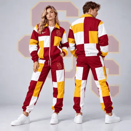 Usc Trojans | Premium NCAA Retro Varsity Colorblock Full Zip Tracksuit Jacket And Jogger Pants Set NDN