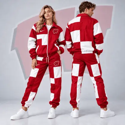 Wisconsin Badgers | Premium NCAA Retro Varsity Colorblock Full Zip Tracksuit Jacket And Jogger Pants Set NDN