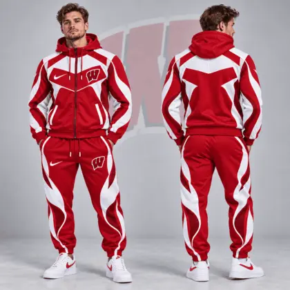Wisconsin Badgers | Premium NCAA Dynamic Velocity Colorblock Full Zip Hoodie And Jogger Pants Set NDN