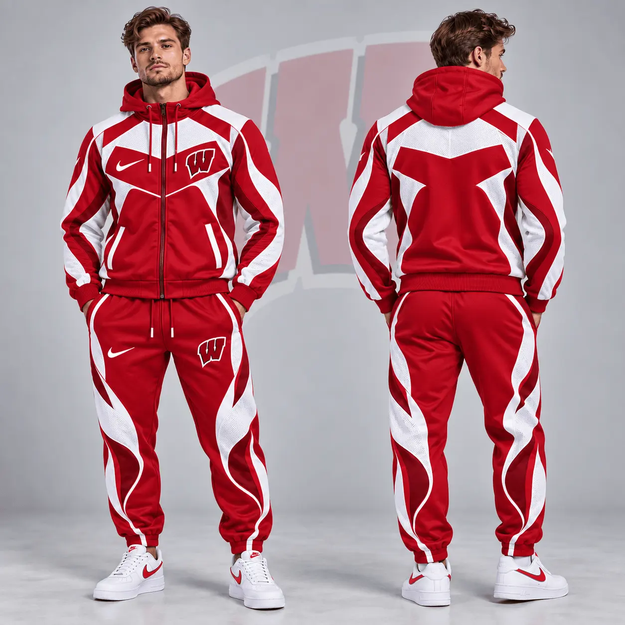 Wisconsin Badgers | Premium NCAA Dynamic Velocity Colorblock Full Zip Hoodie And Jogger Pants Set NDN