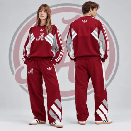 Alabama Crimson Tide | Premium NCAA Heritage Three Stripe Colorblock Crewneck Sweatshirt And Wide Leg Pants Set NDN