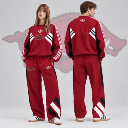 Arkansas Razorbacks | Premium NCAA Heritage Three Stripe Colorblock Crewneck Sweatshirt And Wide Leg Pants Set NDN