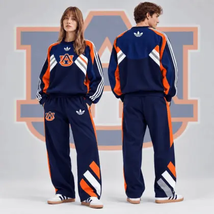 Auburn Tigers | Premium NCAA Heritage Three Stripe Colorblock Crewneck Sweatshirt And Wide Leg Pants Set NDN