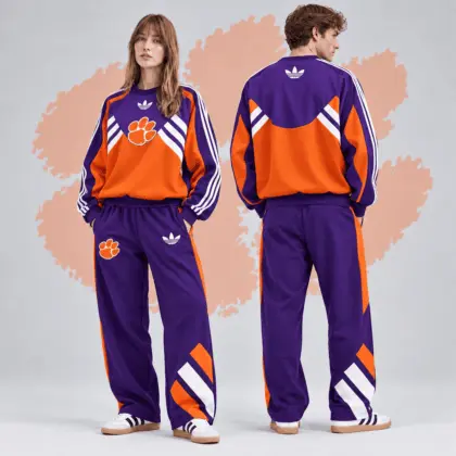 Clemson Tigers | Premium NCAA Heritage Three Stripe Colorblock Crewneck Sweatshirt And Wide Leg Pants Set NDN