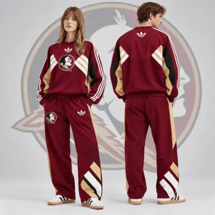 Florida State Seminoles | Premium NCAA Heritage Three Stripe Colorblock Crewneck Sweatshirt And Wide Leg Pants Set NDN