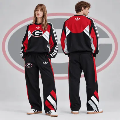 Georgia Bulldogs | Premium NCAA Heritage Three Stripe Colorblock Crewneck Sweatshirt And Wide Leg Pants Set NDN