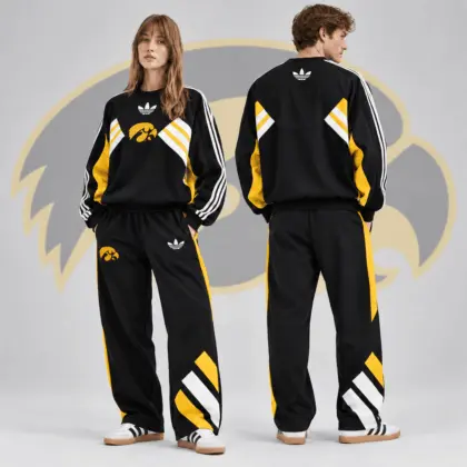Iowa Hawkeyes | Premium NCAA Heritage Three Stripe Colorblock Crewneck Sweatshirt And Wide Leg Pants Set NDN