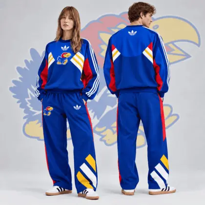 Kansas Jayhawks | Premium NCAA Heritage Three Stripe Colorblock Crewneck Sweatshirt And Wide Leg Pants Set NDN