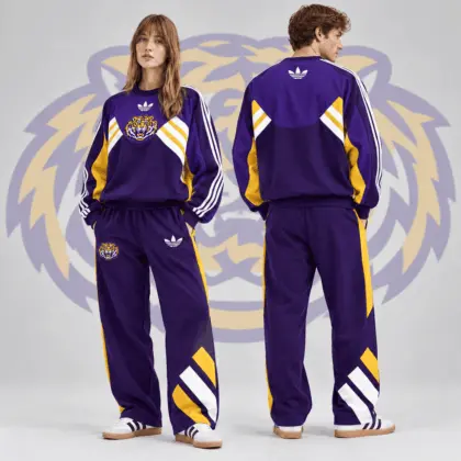 Lsu Tigers | Premium NCAA Heritage Three Stripe Colorblock Crewneck Sweatshirt And Wide Leg Pants Set NDN