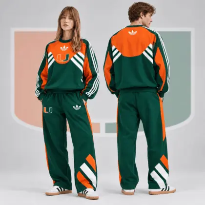 Miami Hurricanes | Premium NCAA Heritage Three Stripe Colorblock Crewneck Sweatshirt And Wide Leg Pants Set NDN