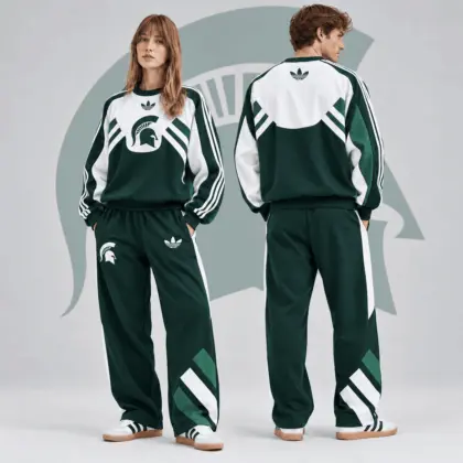 Michigan State Spartans | Premium NCAA Heritage Three Stripe Colorblock Crewneck Sweatshirt And Wide Leg Pants Set NDN