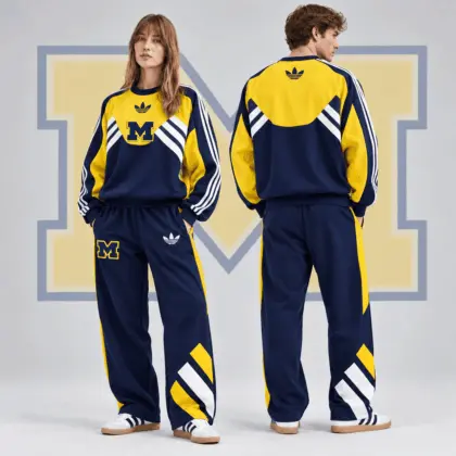 Michigan Wolverines | Premium NCAA Heritage Three Stripe Colorblock Crewneck Sweatshirt And Wide Leg Pants Set NDN
