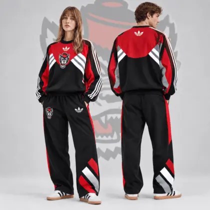 Nc State Wolfpack | Premium NCAA Heritage Three Stripe Colorblock Crewneck Sweatshirt And Wide Leg Pants Set NDN