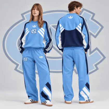 North Carolina Tar Heels | Premium NCAA Heritage Three Stripe Colorblock Crewneck Sweatshirt And Wide Leg Pants Set NDN