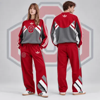 Ohio State Buckeyes | Premium NCAA Heritage Three Stripe Colorblock Crewneck Sweatshirt And Wide Leg Pants Set NDN