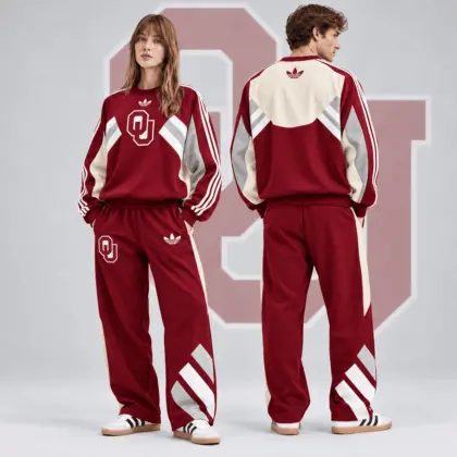 Oklahoma Sooners | Premium NCAA Heritage Three Stripe Colorblock Crewneck Sweatshirt And Wide Leg Pants Set NDN