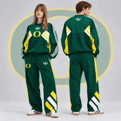 Oregon Ducks | Premium NCAA Heritage Three Stripe Colorblock Crewneck Sweatshirt And Wide Leg Pants Set NDN