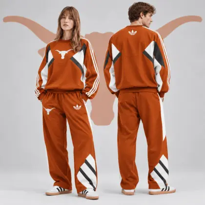 Texas Longhorns | Premium NCAA Heritage Three Stripe Colorblock Crewneck Sweatshirt And Wide Leg Pants Set NDN