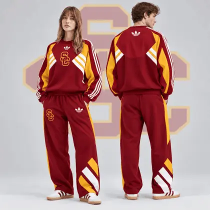 Usc Trojans | Premium NCAA Heritage Three Stripe Colorblock Crewneck Sweatshirt And Wide Leg Pants Set NDN