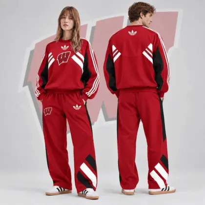 Wisconsin Badgers | Premium NCAA Heritage Three Stripe Colorblock Crewneck Sweatshirt And Wide Leg Pants Set NDN